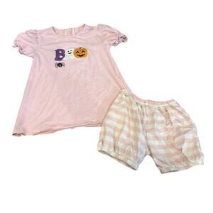 Girls Size 6 Halloween PJ Set Pink BOO Ghost Pumpkin Spider Top Striped Shorts